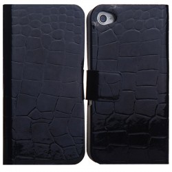 Læder Cover med Krokodille Mønstre og Kort Holder til iPhone 4 / 4S (Sort)