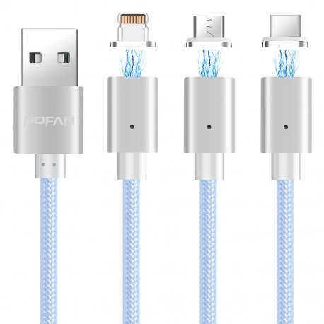 POFAN P13 Magnetisk USB Datakabel LED 8 Pin + Micro USB + Type-C til iPhone iPad Samsung m.fl. Sølv
