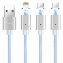 POFAN P13 Magnetisk USB Datakabel LED 8 Pin + Micro USB + Type-C til iPhone iPad Samsung m.fl. Sølv