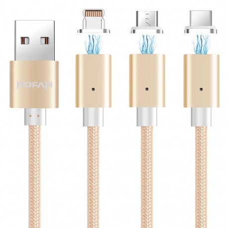 POFAN P13 Magnetisk USB Datakabel LED 8 Pin + Micro USB + Type-C til iPhone iPad Samsung m.fl. Guld
